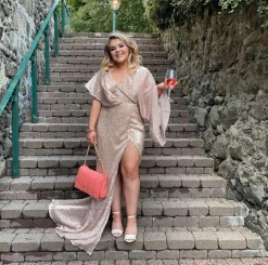 Women DressMeZee Occasion Wear|Alessandra Chain Sleeve Gown - Rose Gold