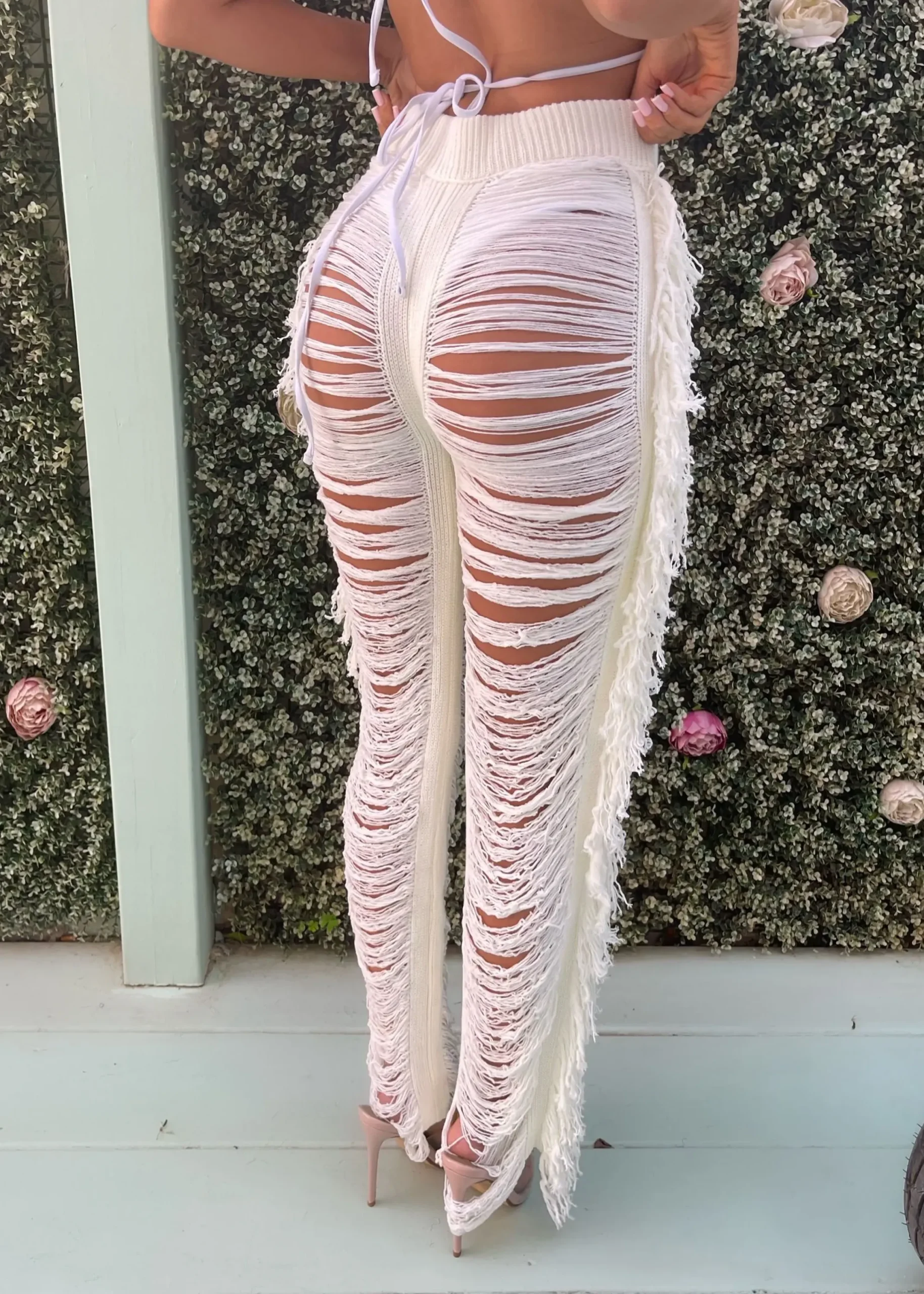 Women DressMeZee Bottoms|Andrina Fringe Trousers - Cream