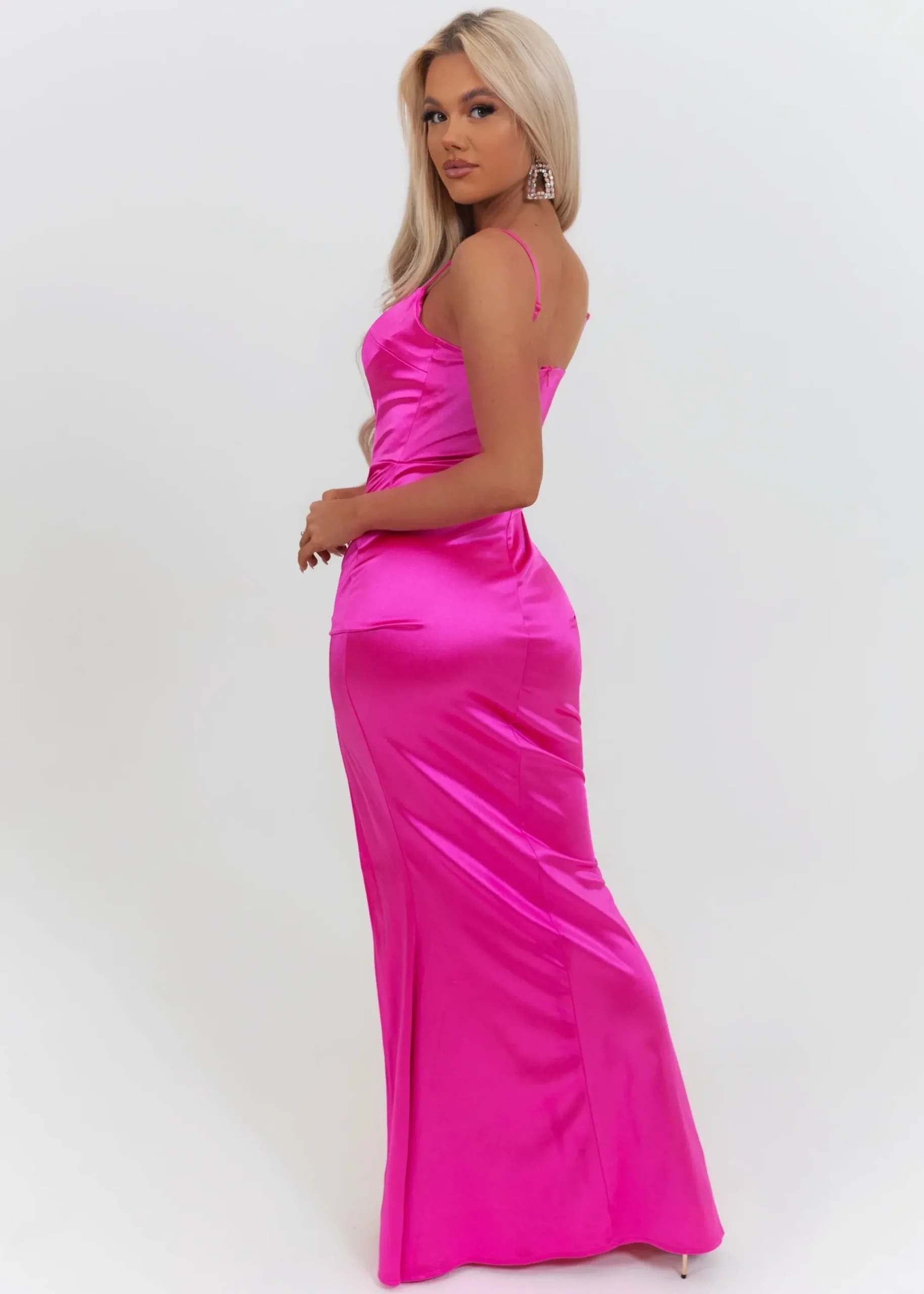 Women DressMeZee Occasion Wear|Aurora Satin Gown With Side Slit - Hot Pink