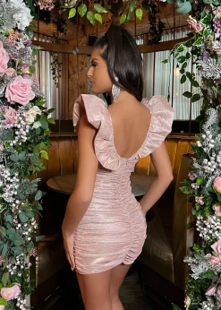Women DressMeZee Dresses|Bling It On Extreme Puff Sleeve Glitter Dress - Rose Gold