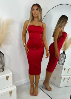 Women DressMeZee Dresses|Brianna Satin Midi Dress - Red
