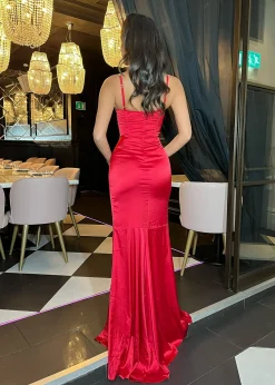 Women DressMeZee Occasion Wear|Carley Diamante Satin Split Gown - Red