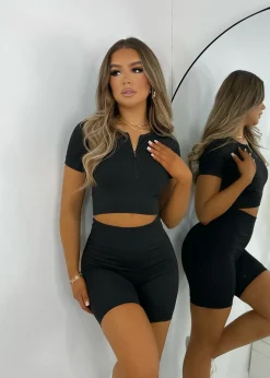 Women DressMeZee Co-Ords|Comfort Szn Crop Top And Cycling Shorts Set - Black