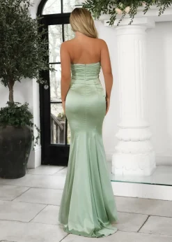 Women DressMeZee Dresses|Delilah Ruched Corset Satin Gown - Sage