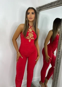 Women DressMeZee Rompers & Jumpsuits|Giovanna Ruched Jumpsuit - Red