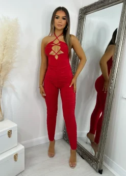 Women DressMeZee Rompers & Jumpsuits|Giovanna Ruched Jumpsuit - Red