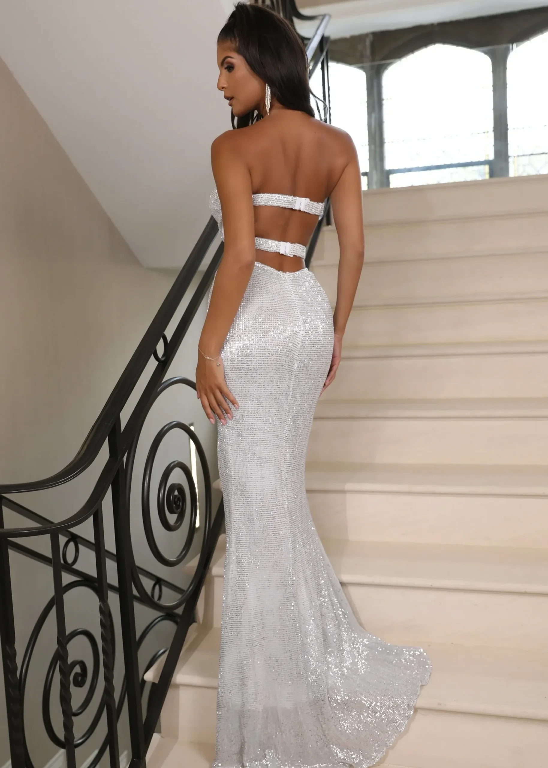 Women DressMeZee Occasion Wear|Glam Queen Sequin Split Gown - Silver
