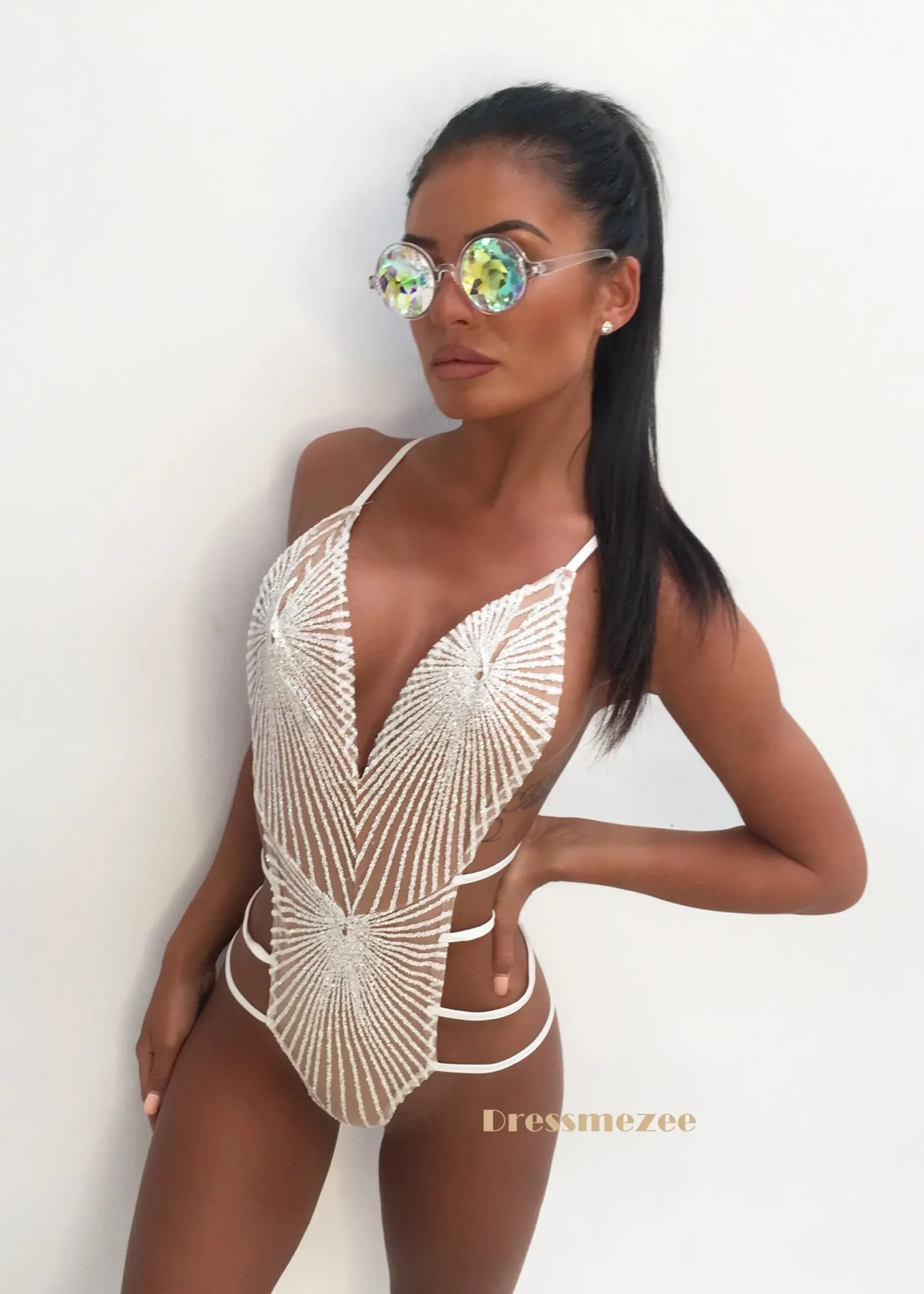 Women DressMeZee Tops / Bodysuits|Glitter Dreams Bodysuit - White