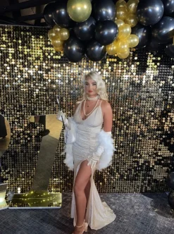 Women DressMeZee Occasion Wear|Happily Ever After Lurex Gown With Slit - Champagne