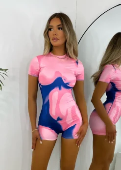 Women DressMeZee Rompers & Jumpsuits|Heating Up Printed Romper - Pink/Blue