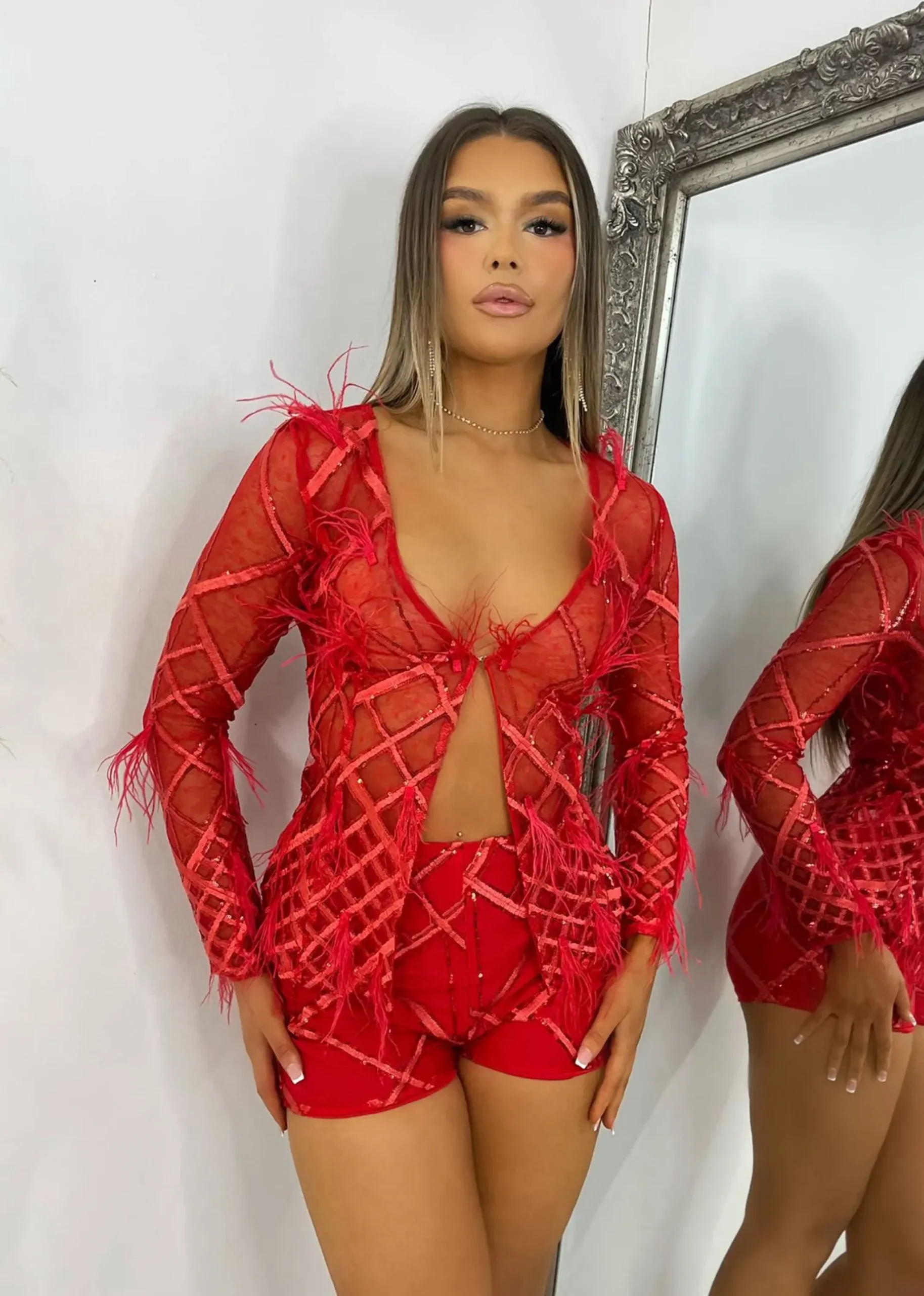 Women DressMeZee Co-Ords|Just My Type Feather Mesh Two Piece - Red