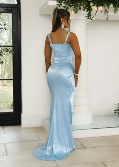 Women DressMeZee Dresses|Lennox Corset Satin Split Gown - Light Blue