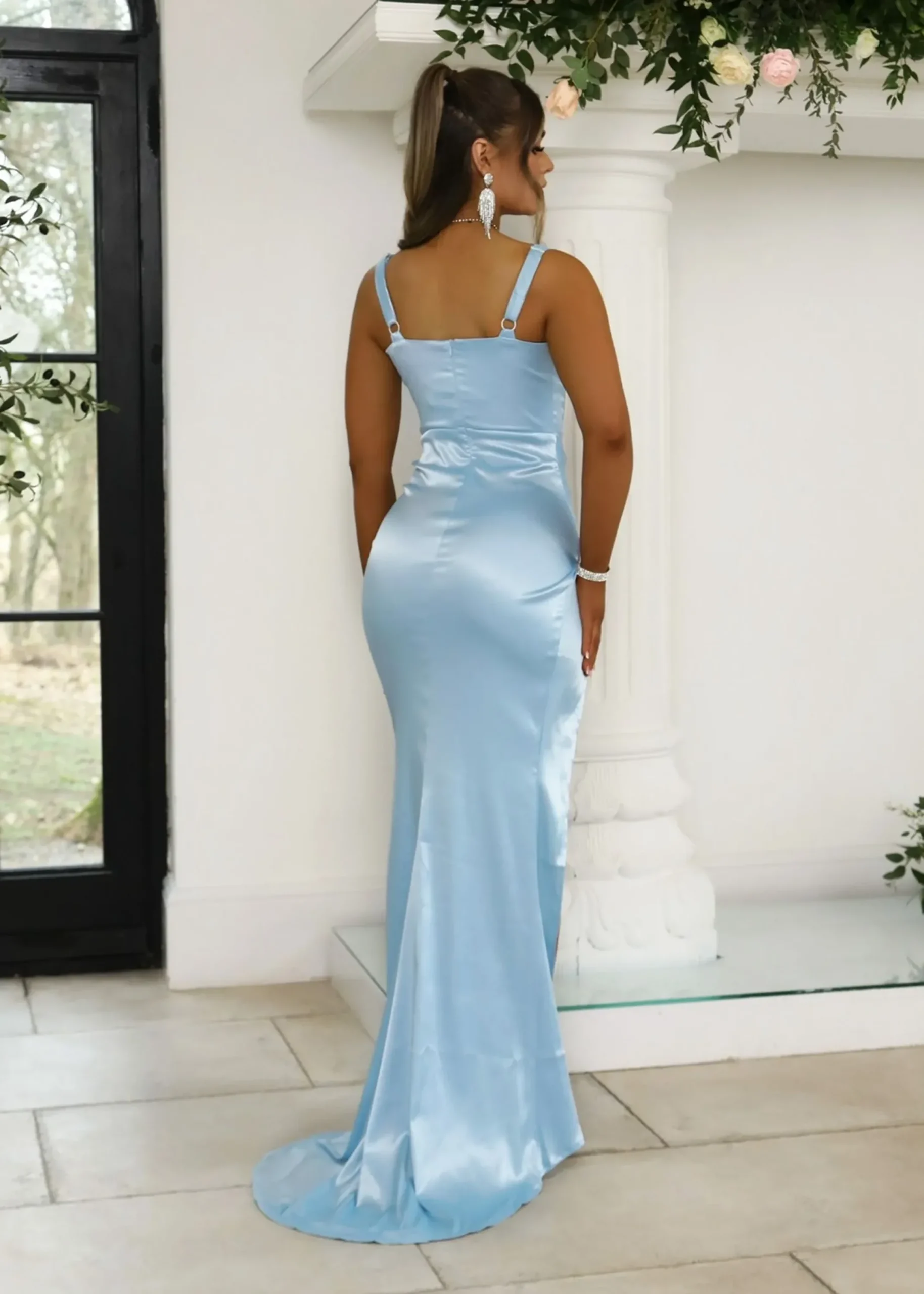 Women DressMeZee Occasion Wear|Lennox Corset Satin Split Gown - Light Blue