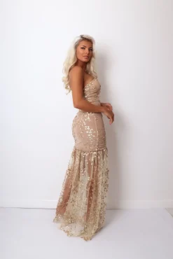 Women DressMeZee Occasion Wear|Living In Luxury Gown With Detachable Overskirt - Gold