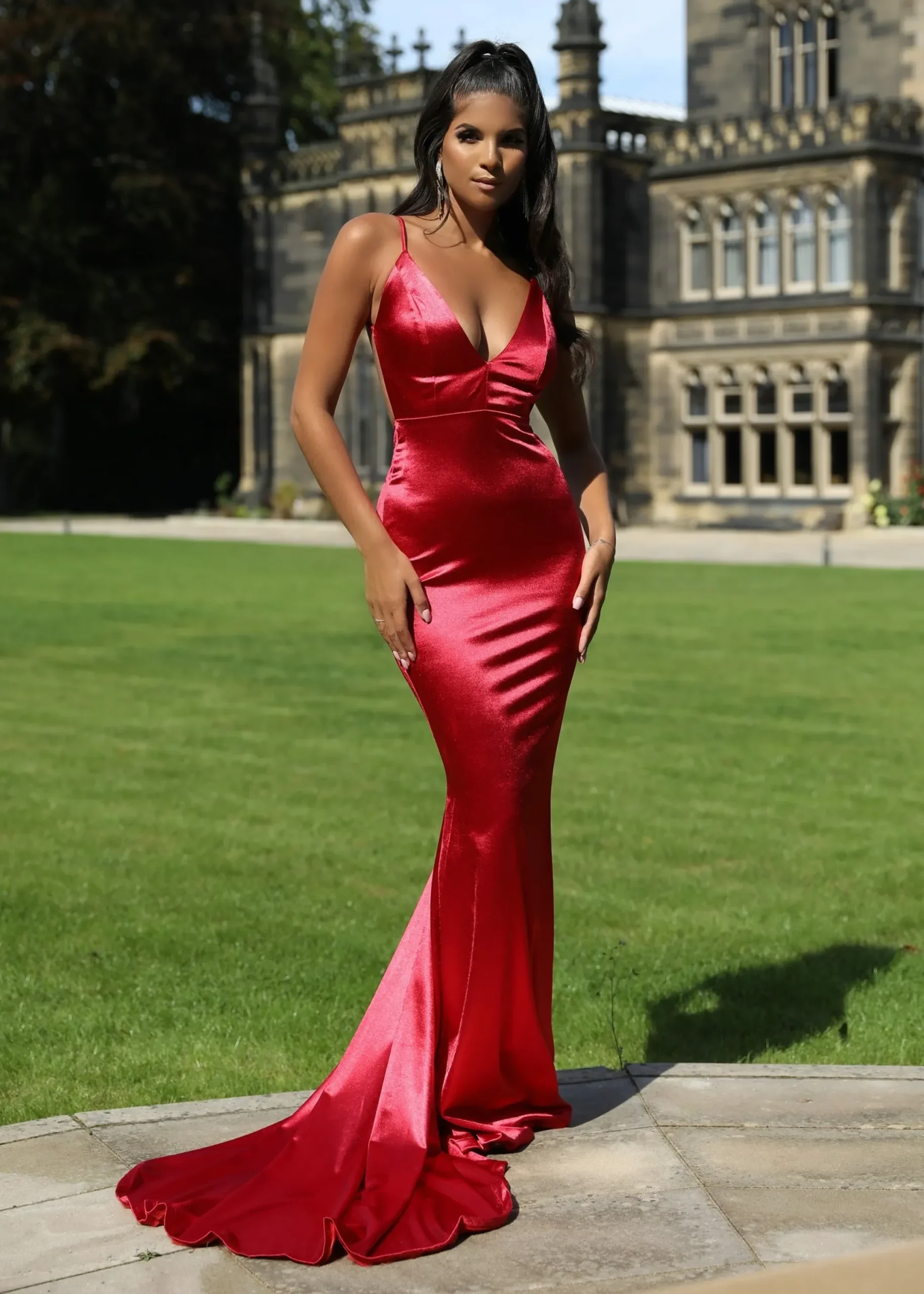 Women DressMeZee Occasion Wear|Love Affair Satin Gown With Ruched Back - Red