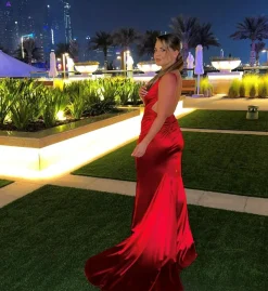 Women DressMeZee Occasion Wear|Love Affair Satin Gown With Ruched Back - Red