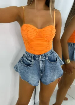 Women DressMeZee Tops / Bodysuits|No Complaints Ruched Bodysuit - Orange