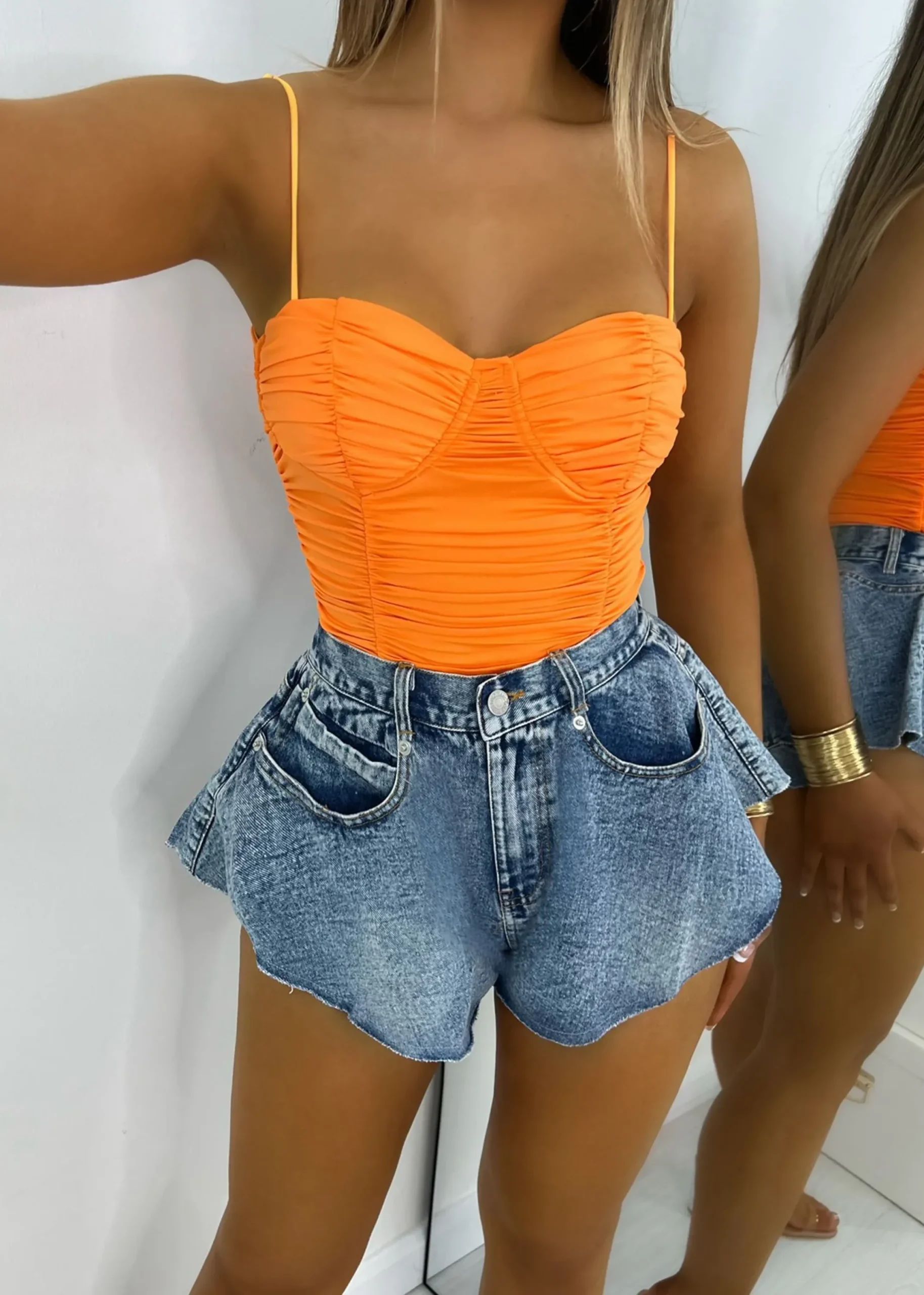 Women DressMeZee Tops / Bodysuits|No Complaints Ruched Bodysuit - Orange