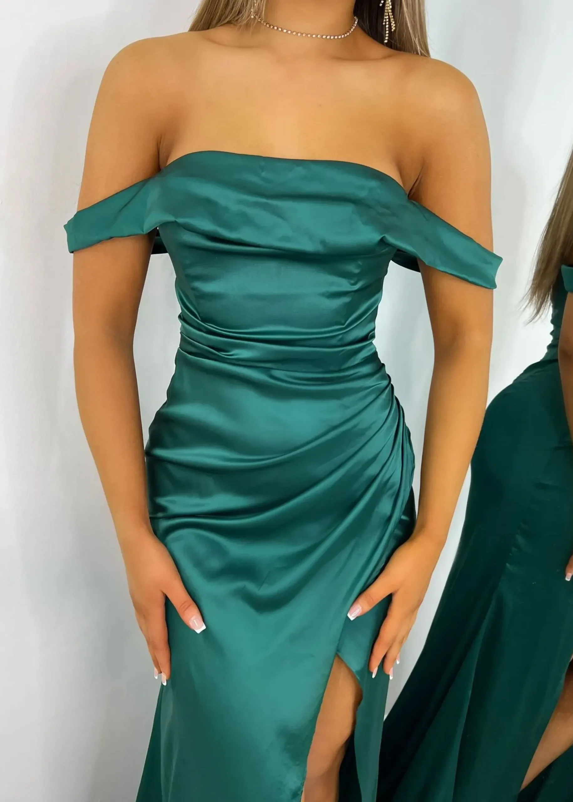Women DressMeZee Occasion Wear|Paloma Satin Split Gown - Emerald Green