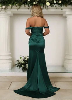 Women DressMeZee Occasion Wear|Paloma Satin Split Gown - Emerald Green