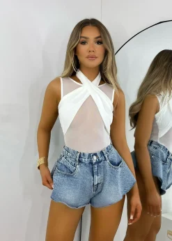Women DressMeZee Tops / Bodysuits|Plot Twist Mesh Halter Neck Bodysuit - White