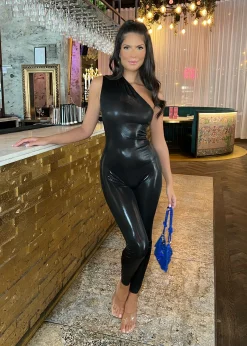 Women DressMeZee Rompers & Jumpsuits|Power Hour Metallic One Shoulder Jumpsuit - Black