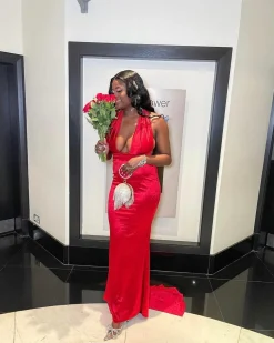 Women DressMeZee Occasion Wear|Red Carpet Ready Satin Gown - Red