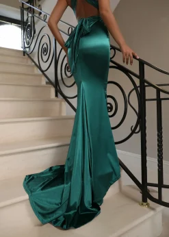 Women DressMeZee Occasion Wear|Red Carpet Ready Satin Gown - Emerald Green