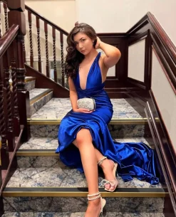Women DressMeZee Occasion Wear|Red Carpet Ready Satin Gown - Cobalt Blue