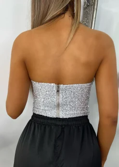 Women DressMeZee Tops / Bodysuits|Rue Sequin Corset Top - Silver