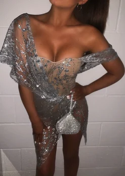 Women DressMeZee Dresses|Sparkle Delight Glitter Mesh Dress - Silver