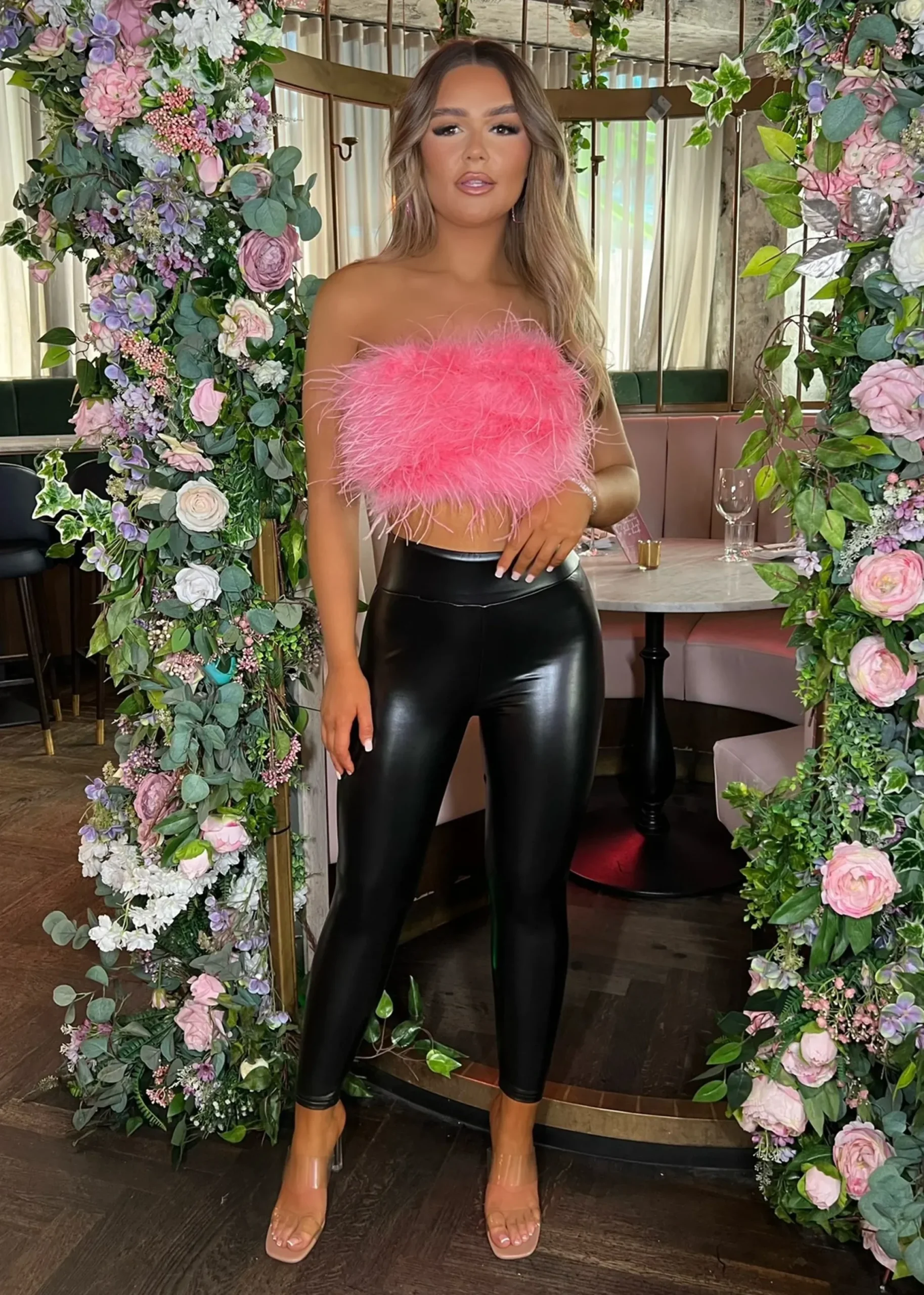 Women DressMeZee Tops / Bodysuits|Spice It Up Feathered Crop Top - Pink