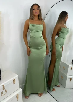 Women DressMeZee Occasion Wear|Tiana Satin Split Gown - Mint