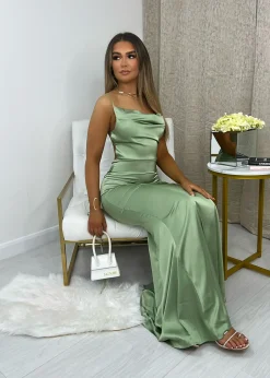 Women DressMeZee Occasion Wear|Tiana Satin Split Gown - Mint