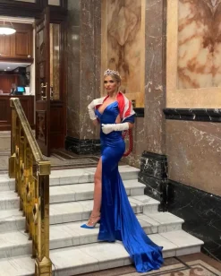 Women DressMeZee Occasion Wear|Touch Of Glamour Satin Gown With Side Slit - Cobalt Blue