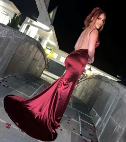 Women DressMeZee Dresses|Touch Of Glamour Satin Gown With Side Slit - Wine