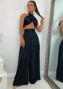 Women DressMeZee Co-Ords|Turn Up The Heat Satin Two Piece - Black