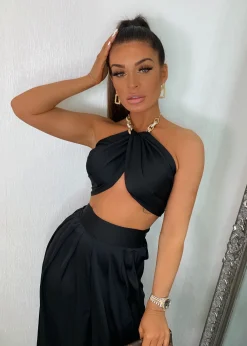 Women DressMeZee Co-Ords|Turn Up The Heat Satin Two Piece - Black
