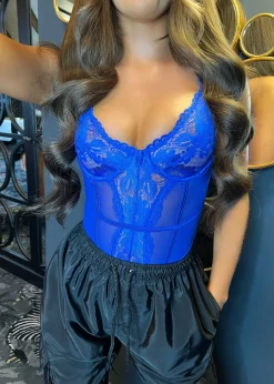 Women DressMeZee Tops / Bodysuits|Yolanda Lace Bodysuit - Cobalt Blue